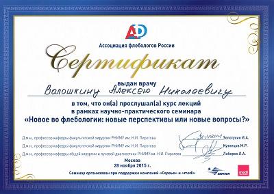 Сертификат участника семинара Алексея Николаевича Волошкина